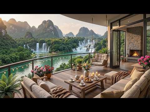 Soft Jazz Music On Waterfall Balcony Café ☕ Relaxing Jazz & Serene Nature Views For Deep Focus