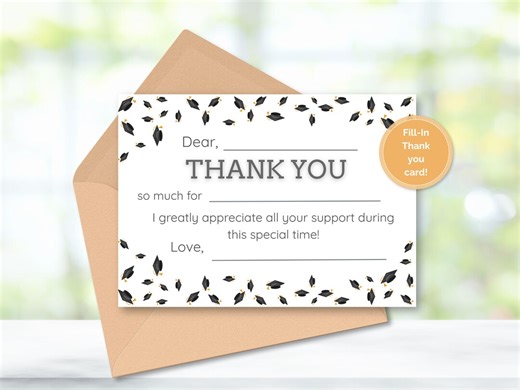 Fill in the Blank Graduation Thank You Card Printable, Graduation Thank You Notes Template, Grad Party Thank You Card, (digital Download) - Etsy