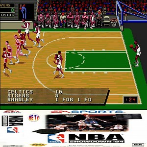 NBA Showdown '94 is a continuation of the EA basketball series for the Sega Genesis. With a revamped game engine, NBA Showdown '94 takes 5 on 5 basketball to new heights. All the teams and players from the 1993-1994 season are here, with full skill ratings in 14 categories. Playcalling and matchup designation put you in the coach's seat as you drive for the playoffs. | Retro-Entertainment TV
