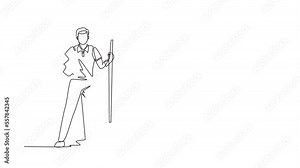 Animated self drawing of continuous line draw man with buckets and mops. Cleaning service. Male dressed in uniform with cleaning equipment. Professional cleaning staff. Full length one line animation