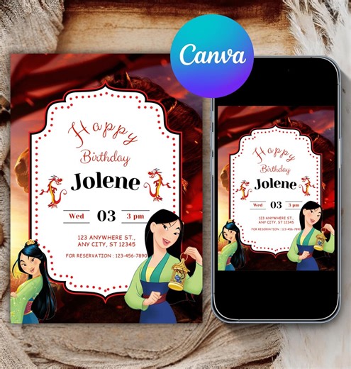 Mulan Birthday Invitation | Princess Mulan Birthday Invitation | Mulan Party | Mulan Digital Editable Canva Invitation | Instant Download - Etsy