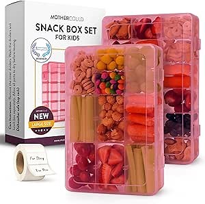 Large Kids Snack Box Containers Set of 2 -100 Labels, BPA-Free, Adjustable Compartments, Dishwasher Safe, Reusable Tray, Food Grade, Meal Prep Container, PARENT TESTED PARENT APPROVED AWARD (Pink)