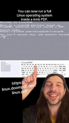 You can now run a full Linux operating system inside a 6mb PDF. Someone embedded a RISC-V emulator inside a standard document. You don't need a virtual machine, just a PDF reader. → Runs interactively inside the file. → Powered by a tiny RISC-V emulator. → The entire OS fits in just 6MB.