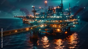 Aerial view of offshore oil and gas drilling rigs in the sea, industry searching for fuel and energy extraction, petroleum and natural gas processes in the ocean.