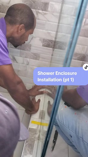 Did you know we do shower enclosures? Installing shower enclosures is a team effort. Here we have the team getting it done. Stay tuned for part 2 where we show the finished installation #QualityYouCanSee #Jamaica #fyp #glass #showerenclosure #Shower #bathroommakeover