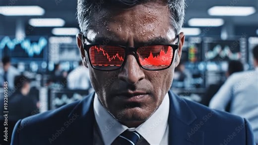 Intense businessman in suit and glasses with stock market graph reflection in eyes, showing stress and financial crisis, close-up shot in a trading room.