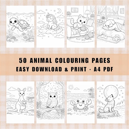 Animal Coloring Book – 50 Printable Pages for Kids (PDF Download A4) - Etsy