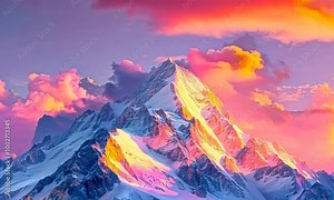 Mountain range with a pink and orange sky in the background. The mountains are covered in snow and the sky is filled with clouds. The scene is serene and peaceful. hyperrealistic Video