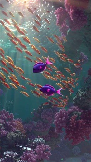 A cartoon purple fish among coral reefs