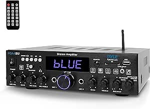 Pyle 200W Wireless Bluetooth Home Stereo Amplifier - Multi-Channel Audio Receiver with Optical - Phono - Coaxial - FM - USB/SD - AUX - RCA - 2 Mic Inputs - ‘Talk-Over’ - Antenna - Remote - PDA4BU