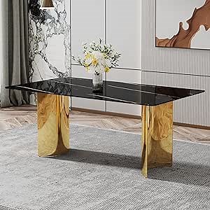 71inch Large Marble Dining Table for 6-8, Faux Marble Kitchen Table with 0.39" Tempered Glass Tabletop+ Gold Stainless Steel Base, Modern Rectangular Black Dining Room Table for Kitchen Home Office