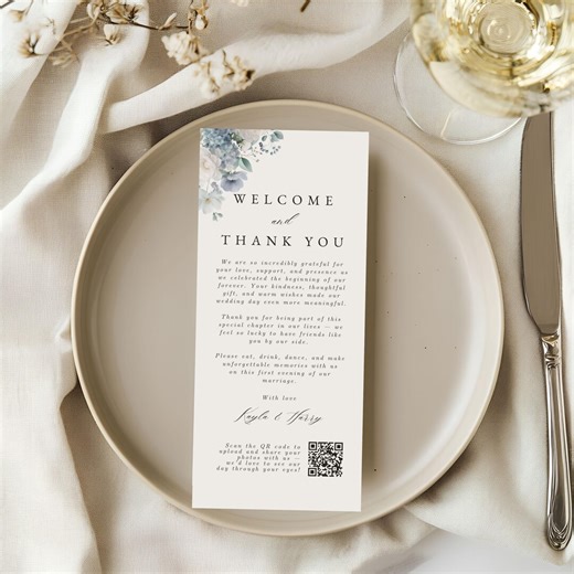 Wedding Thank You Place Card, Editable QR Code Table Setting, Dusty Blue Floral Printable Reception Note, Digital Download Template 4016 - Etsy