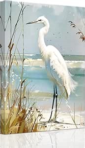 SWQYLB White Heron Wall Art Canvas Sea Bird Coastal Art Prints Bird Egret Animal Painting Beach Shore Bathroom Home Decor Framed (Yellow, (12.00" x 18.00"))