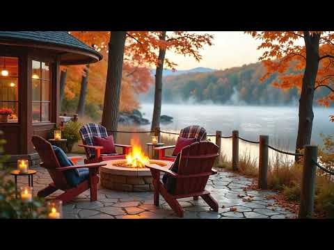 Relaxing Fall Screensaver Coffee Shop Ambience with Crackling Fire & Lakeside Rainfall