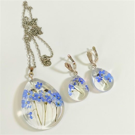 Forget Me Not Jewelry Set, Resin Necklace and Earrings With Real Flowers, Blue Floral Matching Gift for Her - Etsy