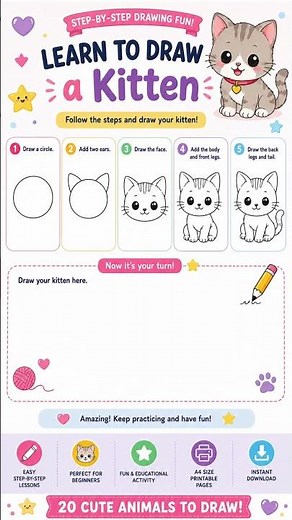 Learn to Draw 20 Cute Animals 🐰🐶 | Printable Activity Book for Kids (Ages 4–8)