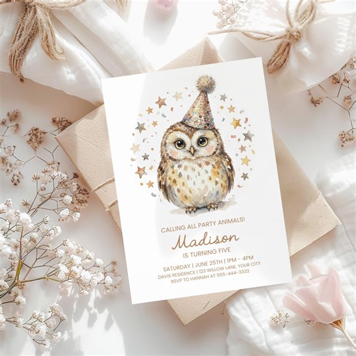Watercolor Owl Birthday Corjl Invitation Template, Party Animal Editable Invite, Stars Confetti Celebration Card, Digital Download - Etsy
