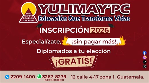 🎓 En Colegio YULIMAY tú eliges cómo prepararte… sin pagar más. Con nuestra innovación tecnológica, carreras variadas y diplomados gratis, tu formación va más allá del aula. 🔥 Especialízate desde Básicos y Diversificado con visión profesional y empresarial. 🤝 Porque aquí, estudiar también es construir tu propósito. ✨ ¡Inscríbete hoy y sé parte de los miles de egresados que siguen avanzando! 📌 12 calle 4-17 zona 1, Guatemala, Guatemala 📞 PBX 2209-1400 📲 WhatsApp 3267-8279 (solo mensajes) 🚗W