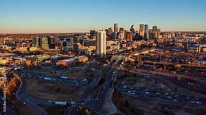 Downtown Denver Skyline and Freeway Hyperlapse at Golden Hour