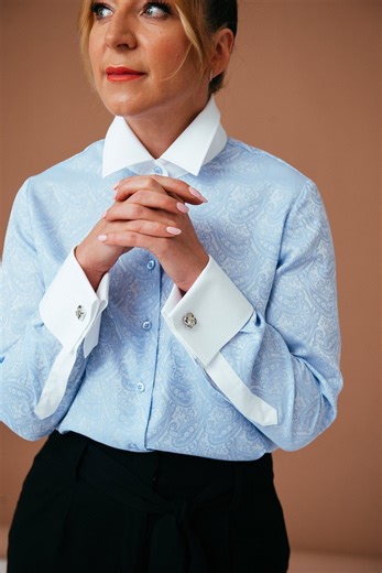 Light Blue Paisley Blouse, French Cuff Shirt Womens Clothing Tops Button Down Blouse, Button up Shirt, Tailored Shirt Women - Etsy