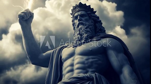 A colossal statue of Zeus god raises a lightning bolt in hand amid swirling dark clouds, showcasing power and Greek mythology