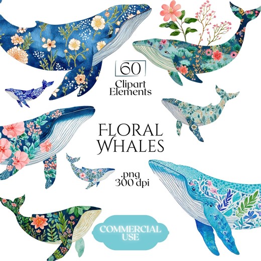 Floral Whales Clipart, Botanical Whale PNG Graphics, Chinoiserie Flower Whale Illustrations (60 Files, Transparent Background) - Etsy