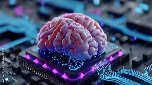 Digital Brain: A stunning visualization of a human brain integrated onto a high-tech computer chip, representing the cutting edge of artificial intelligence.