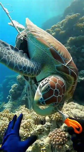 Entangled green turtle liberated from ghost net — powerful escape captured.