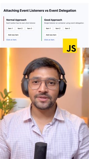 Sandeep Prajapati on Instagram: "Stop writing messy event listeners for every element! Learn how JavaScript Event Delegation works in under a minute. We cover how to use event bubbling to write cleaner, faster DOM code and save memory. Perfect for your next frontend interview! #javascript #webdevelopment #coding #frontend #javascripttutorial”"