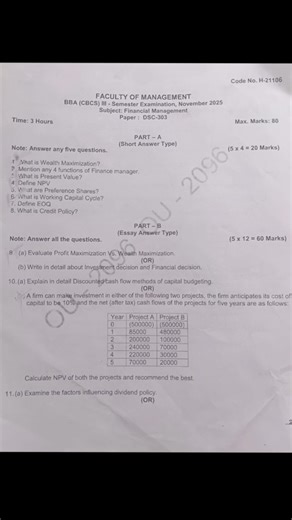 BBA 3rd semester Financial management question paper 📜#financial management #exam #BBA#degree