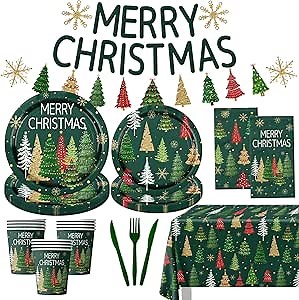 Green Christmas Tree Tableware - Merry Christmas Party Decorations, Disposable Paper Plates, Napkins, Tablecloth, Banner, Cups for Xmas Winter Snowflake Holiday Decor