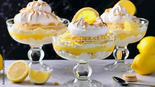 A Lemon trifle with pound cake, lemon curd and meringue in coupe glasses hd video 4k clip