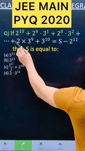 Shivang Gupta on Instagram: "JEE MAINS 2020 ( 5 Sept – SHIFT 1 ) Q) If 2^10+2^9.3^1 + 2^8.3^2 +...+2 × 3^9 + 3^10 = S - 2^11 then S is #jee #jeemaths #jeebatch #class11sequenceseries #jee 2025 jeemaths jee2025 jee2026 jee sequence and series maths question Insta I’d- Shivanggupta34 diffrentiation methodofdifferentiation DIFFERENTIATION JEE MAIN PLAYLIST LINK :: LIMITS , Continuity, differentiability playlist link :; https://www.youtube.com/playlist?list=PL1BhIYe_5oFlBdXN3Q3bYHaAS1wwxXe8f JEE: Co