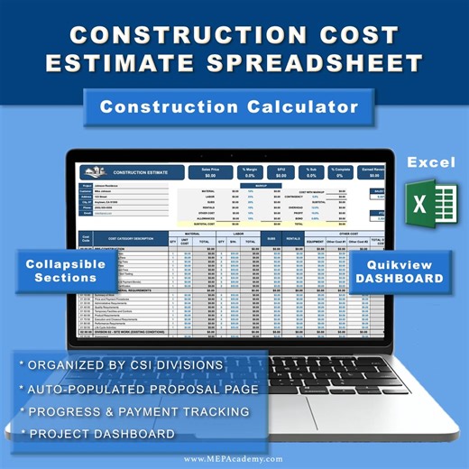 Construction Cost Estimate Calculator | Project Management | Excel Spreadsheet | Renovation Planner | Proposal With Cost Breakdown | Digital - Etsy
