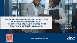 4 comments | We are excited to announce that CODEV is now an authorized partner with PECB! This partnership allows us to offer top-notch training and certification programs. Subscribe now to stay updated on our upcoming courses and opportunities : https://bit.ly/3zsGSFp #CODEV #PECB #Partnership #Training #Certification | CODEV International | Facebook