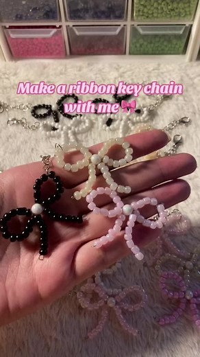 Make a ribbon keychain with me! 🎀💕 Available on our shop! #beadedjewelry #beadkeychain #ribbonkeychain #handmade