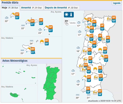 Previsão do estado do tempo para os próximos dias, 21-10-2025, IPMA. | IPMA