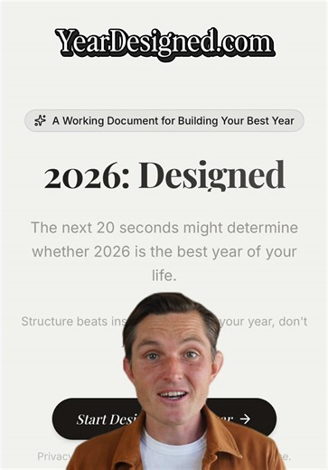 92% of goals fail. Here's a system that might help. I built Year Designed - a free digital planning tool based on Daniel Pink's workbook. • Identity snapshot: 3 words that describe you at your best • Past year review: biggest win biggest regret (Tim Ferriss-style) • Pre-mortem: identify how you'll fail before you do • Friction design: make good behaviors easier, bad ones harder (Chris Williamson-inspired) • Theme word: your compass for the year When you're done: • Download your complete plan • S