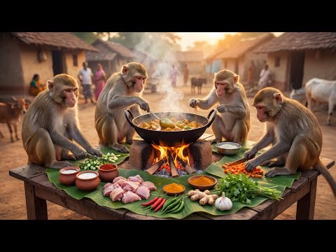 बंदरों ने मिलकर पकाया देसी चिकन 😱🔥 | Monkeys Cooked Desi Chicken