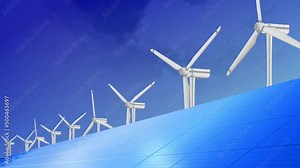 4K 3D Animation with solar panel cells and spinning wind turbines on the eco energy. Electricity Power generators with wind and solar panels. Clean and green industry. Wind power plant and technology. Stock Video
