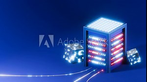 3D server with blinking lights animation. Data center, cloud computing or crypto mining concept. 4K seamless looped.