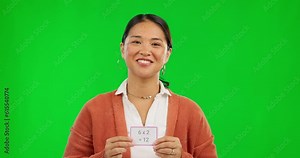 School, teacher and learning math on green screen with numbers, calculation and support children in education. Person, teaching or equation and problem solving, success in multiplication and studio