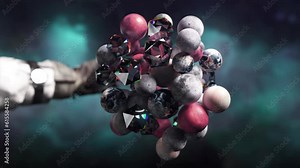 3D visualization of space objects grouped together under the force of gravity. Planets. The astronaut's hand separates