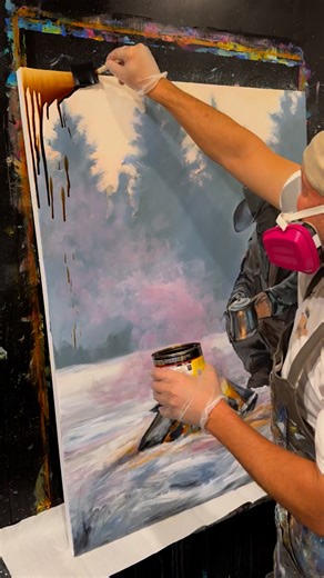 Just applied oil wood stain to this new “Cowboy Coffee” series painting. The tint I’m using is Golden Oak. This painting is 36 x 48 on stretched canvas. | Thomas Andrew Art