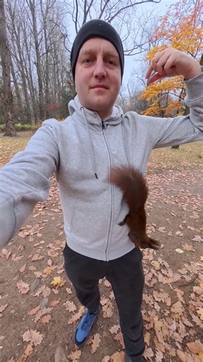 Squirrel cracks a nut while hanging on me