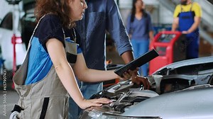 Mechanic in car service uses tablet to calculate invoice after fixing broken automobile engine. Auto repair shop worker uses device to inform man of final costs after repairing vehicle, close up