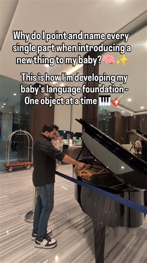 Follow @the.dadcast.daily for daily science-backed parenting insights that actually work. ❣️ Science is simple but powerful: When babies hear specific words paired with objects repeatedly, their brain forms neural pathways through a process called "joint attention" - the cornerstone of language development. Every instrument I introduce = dozens of new vocabulary words Every time I point and name = a critical learning window He might not say these words today, but his brain is mapping every singl