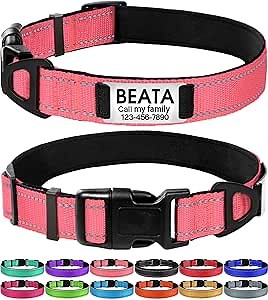 Joytale Personalized Dog Collars with Engraved Name Plate, Silent No Jingle Custom Nylon Collar with Fixed ID Tag, Reflective Soft Neoprene Padded Breathable for Small Dogs, Neon Pink