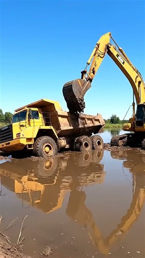 Waterlogged! Excavator Loads a Stuck Dump Truck in the Deep Mud Swamp 💧 #HeavyEquipment