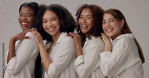 Women, happy and diversity in studio for beauty, solidarity and bonding together with row, unity and face. Friends, support and inclusion on white background for natural, portrait and confidence